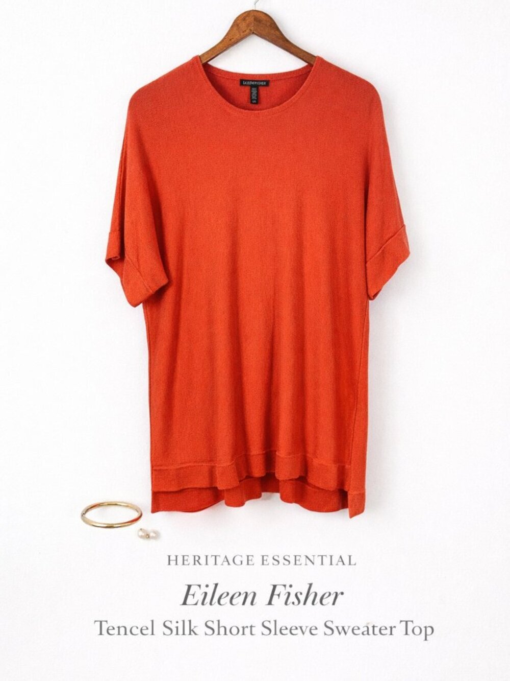 Eileen Fisher Tencel Silk Orange Short Sleeve Sweater Top L